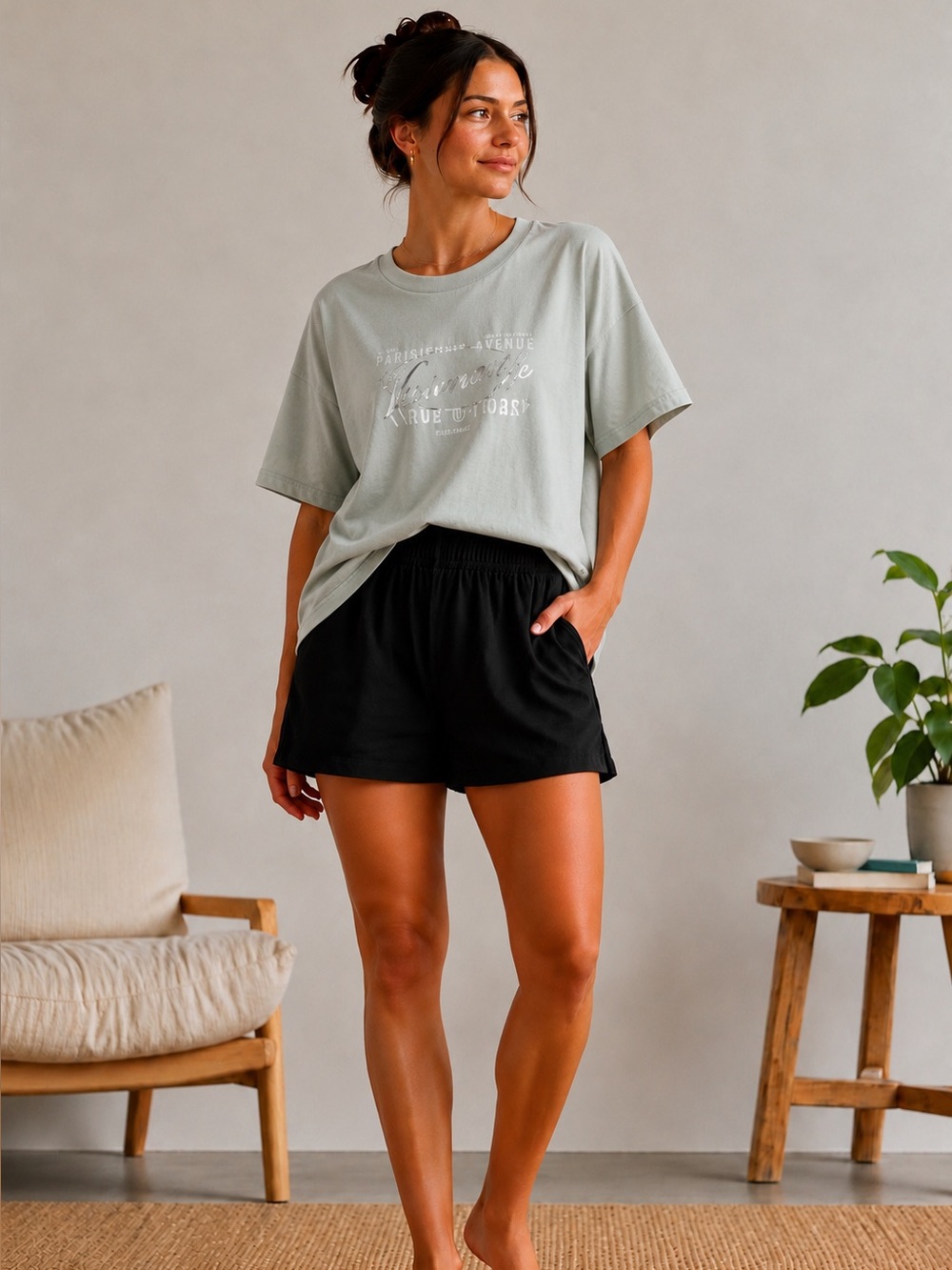 H&M Women oversized tee - light sage green with silver design